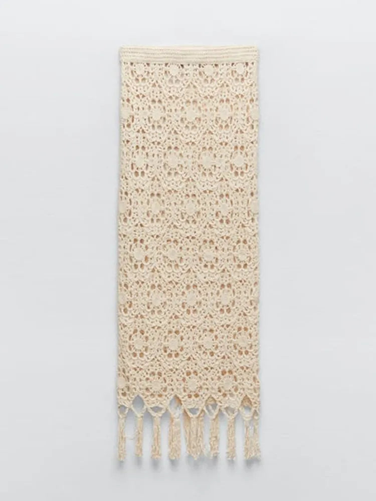 Sweet Hollow Out Women's Knit Tassel Skirt Suit Slim O Neck Long Sleeved Top High Waist Skirts Set 2024 Autumn Lady Chic Outfit Skirt