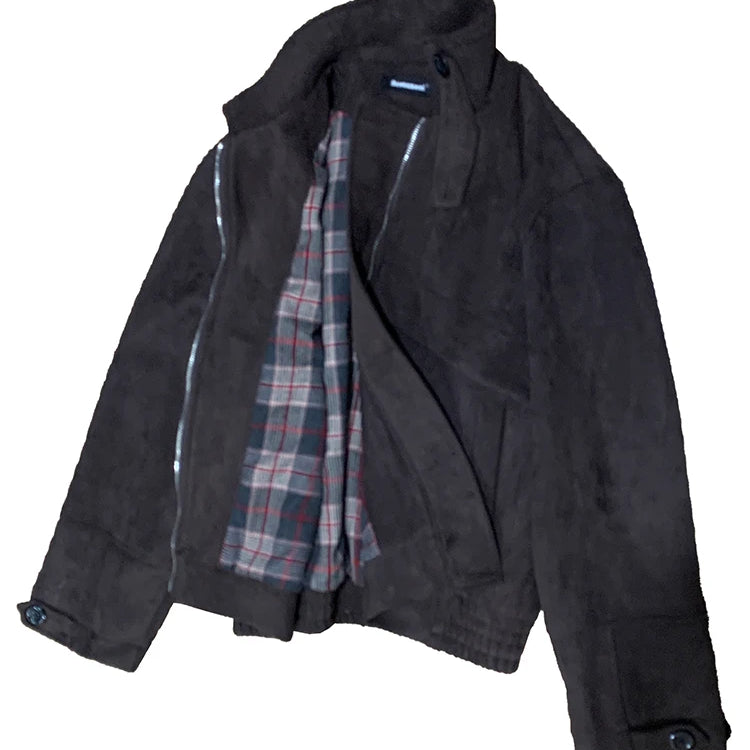 Lautaro Autumn Short Windproof Soft Brown Faux Suede Leather Jacket Men with Plaid Lining Inside Elegant Luxury Designer Clothes