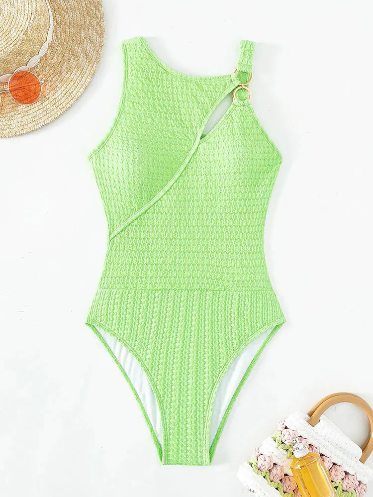 VigoCasey Solid Ring Patchwork Swimwear Women Sexy Hollow Push UP One Piece Swimsuit Monokini Summer Beach Bathing Suit green