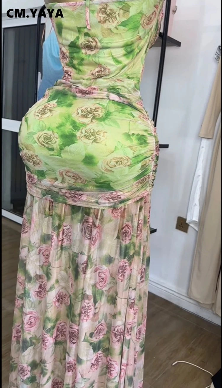 Women Sleeveless Floral Print Strap Stacked Ruched High Split Tunic Maxi Long Dress 2025 Birthday Vacation Beach Dresses