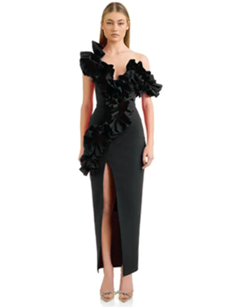 Women Celebrity Sexy Off Shoulder Ruffles Black Red Split Midi Bodycon Bandage Dress 2024 Elegant Evening Club Party Outfit black