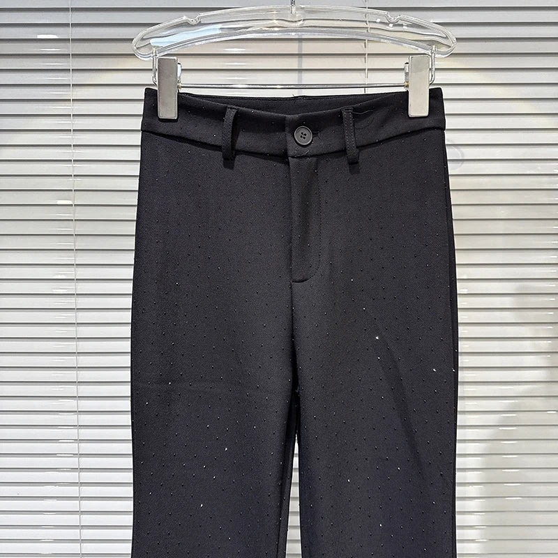 Winter New Fashion Full Rhinestone Stretch Fleece Flared Pants For Women High Waist Slim Fit Trousers Female 11A07729