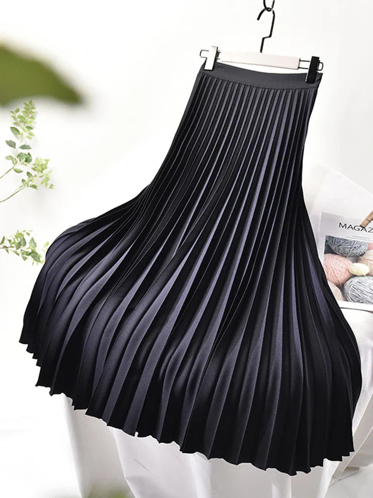 Brand Designer Women Spring Autumn Elegant Chic Solid Pleated Skirt High Waist Luxury Fashion With Elastic Female C-035 Blue