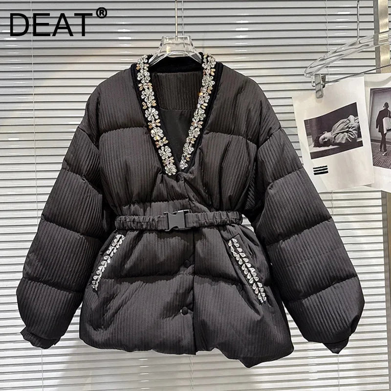 Winter New Fashion V-Neck Rhinestone Collar Belt Striped Fabric Warm Jacket For Women Cotton-padded Coat 11A07929