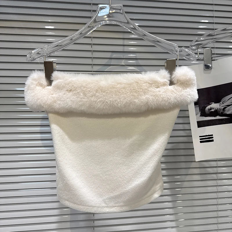 Winter New fashion Sweet Frayed Edge Knitted Tank Top Vest For Women Solid Color Puff Shorts Female Trend 11A07860 only Strapless