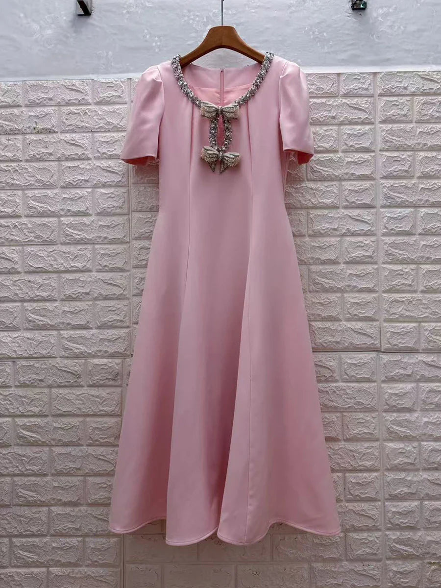 Solid Slimming Spliced Bowknot Elegant Dresses for Women Round Neck Short Sleeves Patchwork Bead Dress Female New PINK
