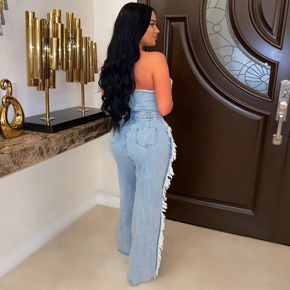 Vintage Hole Tassel Denim Jumpsuit Women 2024 New Fashion Sexy Off The Shoulder V Neck Rivet Club Party Romper Y2K One Pieces