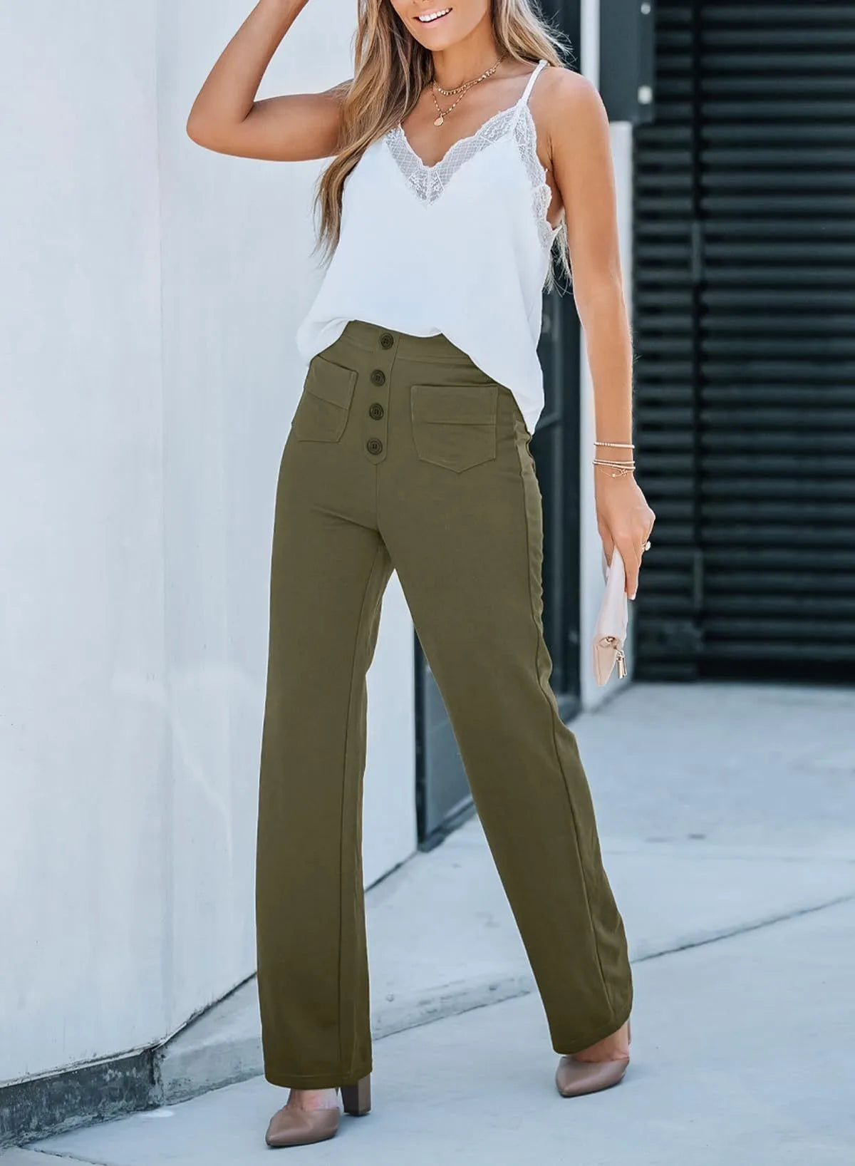 Women's High-waisted Elastic Casual Trousers Fashionable Casual Straight-leg Pants Buttoned Elegant Casual Pants green