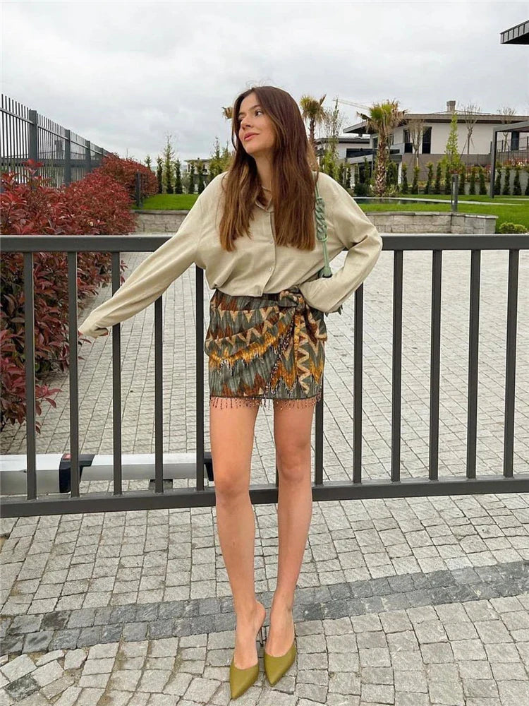 Summer New Vintage Geometric Print Mini Skirt Side Knotted Sarong Beaded Fringe Wrap Vestidos Casual Zip Short Skort Mujer