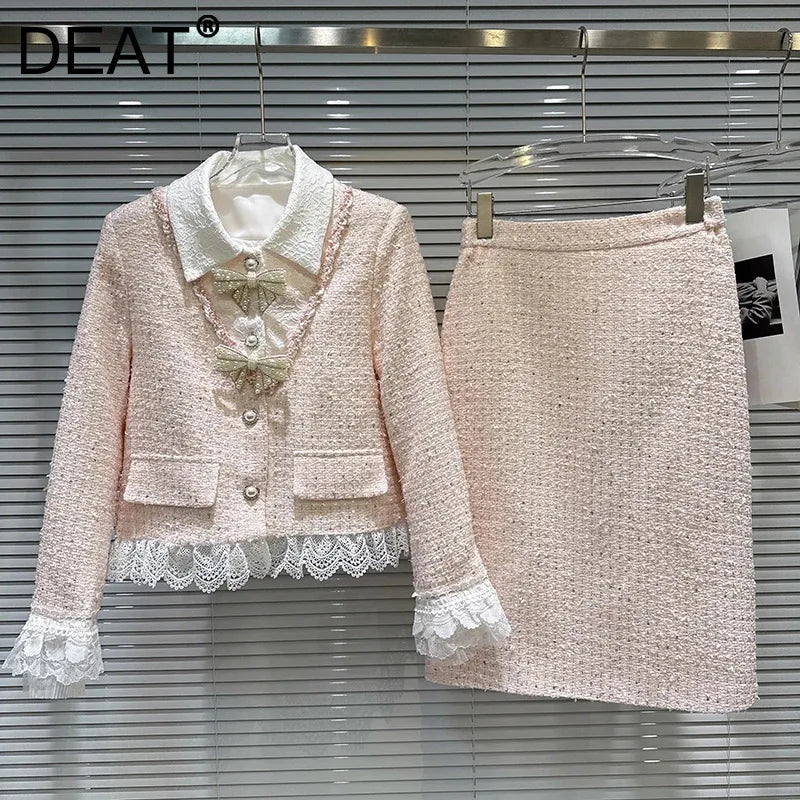 Autumn Winter New Fashion Sweet Pearl Bow Tie Down Short Coat Midi Skirt Tweed Two-pieces Set For Women 11A07717