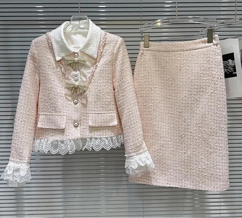 Autumn Winter New Fashion Sweet Pearl Bow Tie Down Short Coat Midi Skirt Tweed Two-pieces Set For Women 11A07717