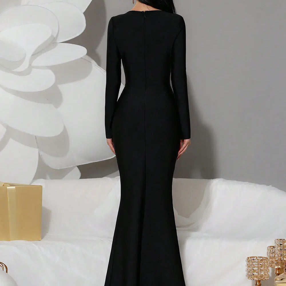 2025 Women's Light Luxury Nail Diamond Design Fishtail Bandage Dress Strapless Long Sleeve Hollow Bodycon Black Long Dresses