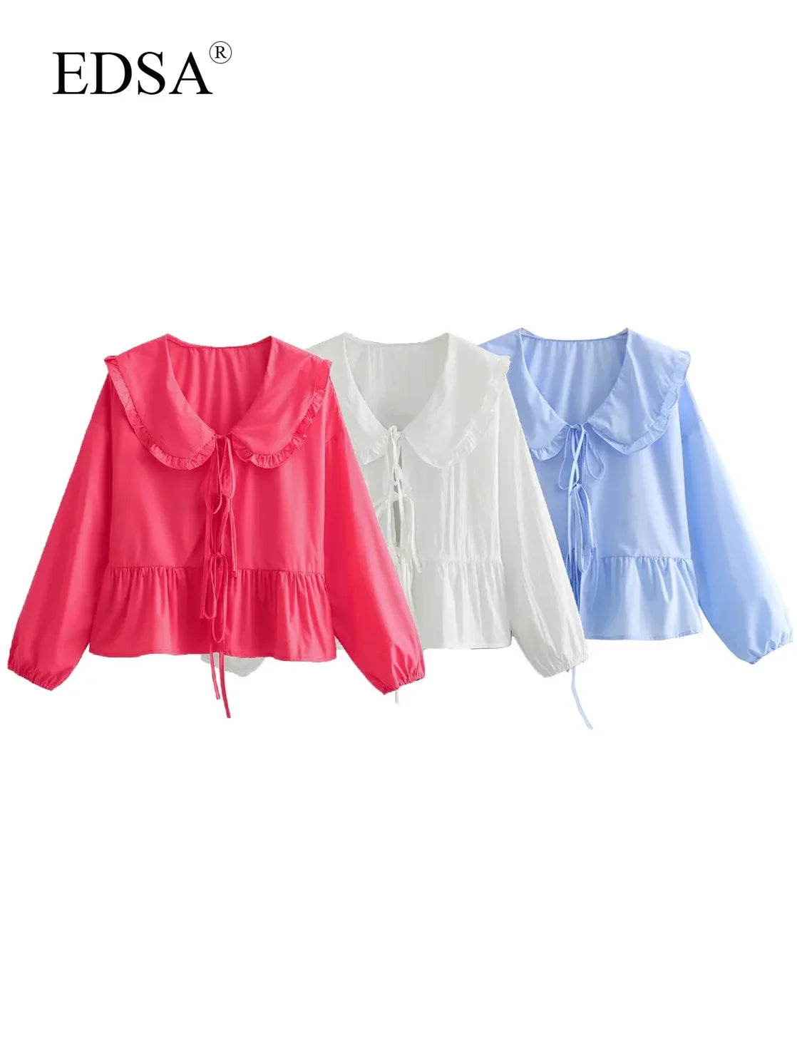 EDSA Women Elegant Ruffles Shirt Summer Blouse with Peter Pan Collor Lantern Sleeves Bow Buttons Sweet Soft Top