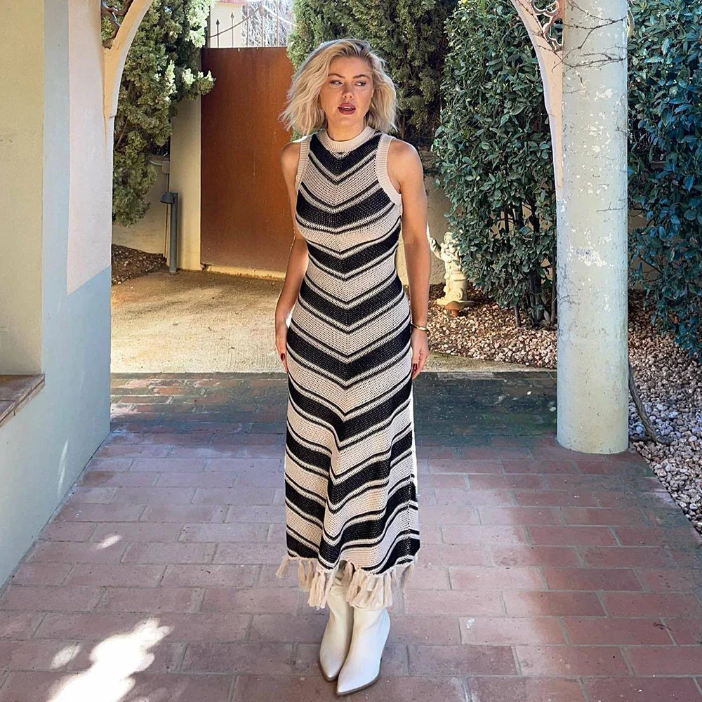 Summer Knitted Beach Dress Women Elegant Fashion Tassel Striped Long Dresses Summer Slim Bohemian Holiday Outfits Beachwear Striped