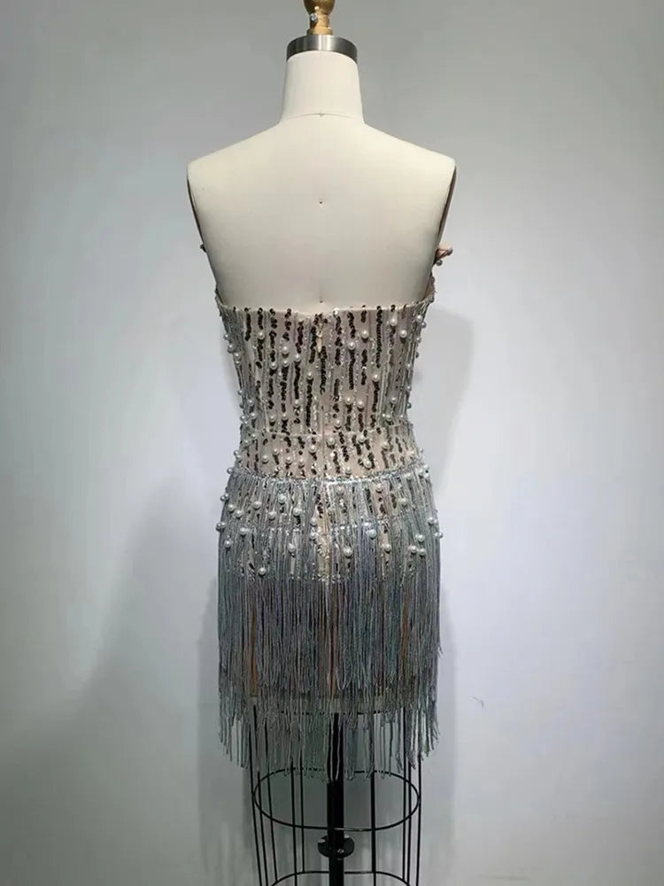Shinning Rhinestones Peral Beading Sexy Bodycon Mini Dress Women Off the Shoulder Tassel Fashion Celebrate Birthday Party Dress