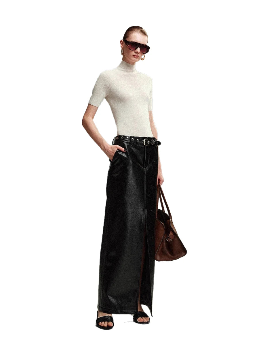 Lautaro Spring Autumn Shiny Black Pu Leather Maxi Skirt Women with Front Slit High Waist Extra Long Luxury Designer Clothes 2025
