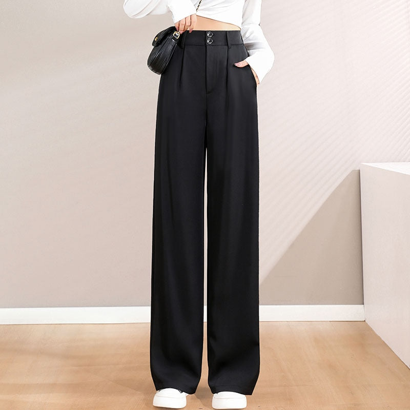 Pantalon drapé taille haute pour femmes, ample, décontracté, jambe droite, longueur au sol, classe professionnelle, large, nouvelle collection