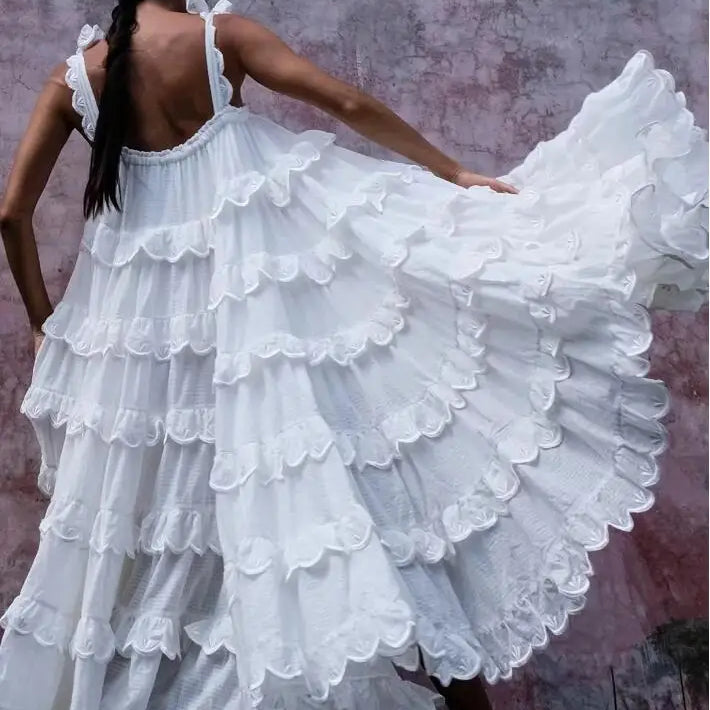 BOHO Stitching Lace Ruffles Tide Bow Spaghetti Strap Dress Ethnic Woman Slash Collar Long Big Swing Cake Dresses Holiay Robe