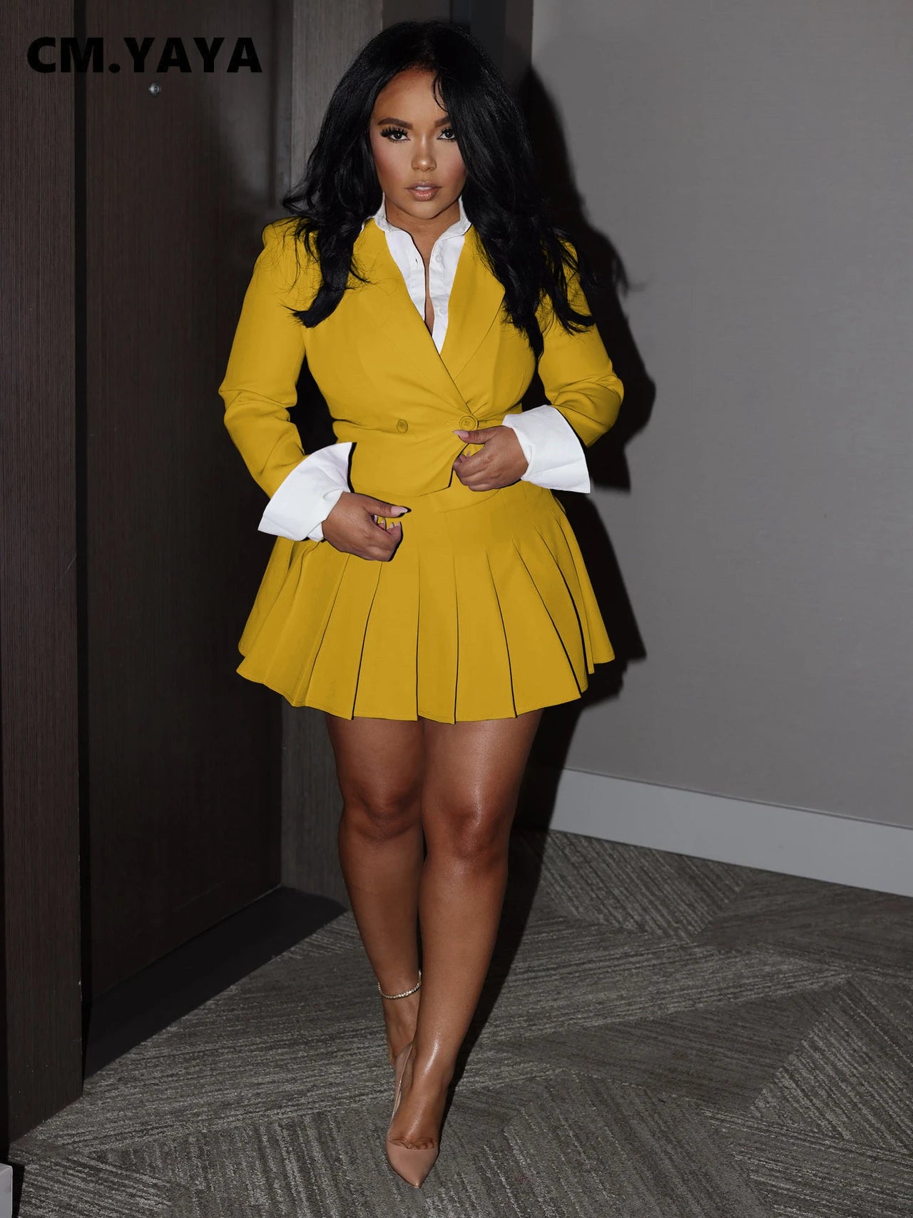 2024 INS Women Fashion Pleated Mini Skirts Suit and Shirt Patchwork Long Sleeve Blazer Matching 2 Two Piece Set Outfits Yellow