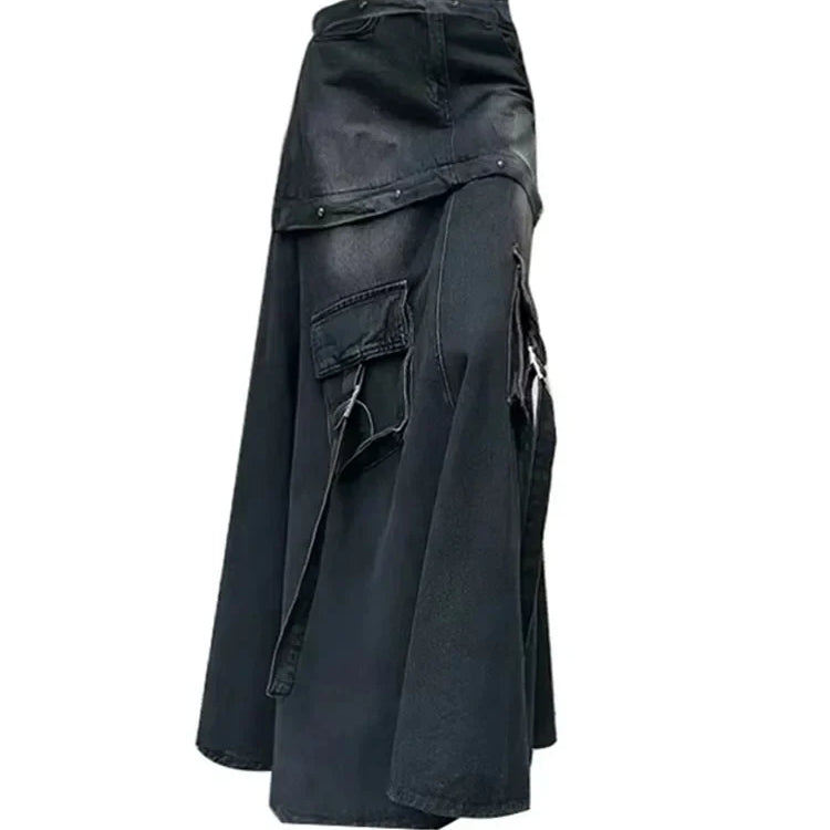 Black Denim Skirt Thin Office Lady Vintage Fashion Pockets Autumn Winter High Waist A-Line Skirt New Design Gothic Black