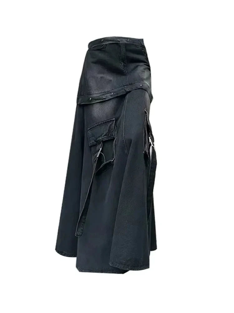 Black Denim Skirt Thin Office Lady Vintage Fashion Pockets Autumn Winter High Waist A-Line Skirt New Design Gothic Black