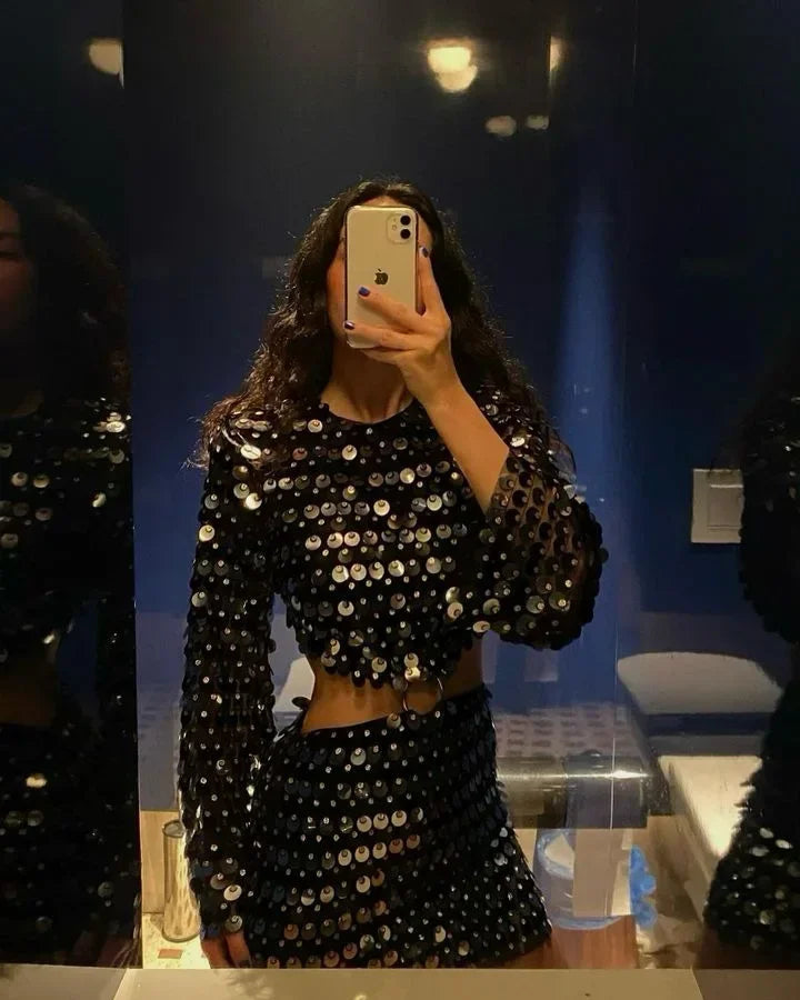 Spring Summer New Dress Women's Fashion Solid Color Sequined Flare Sleeve Dress Women's Sexy O-Neck Irregular Mini Dress Black