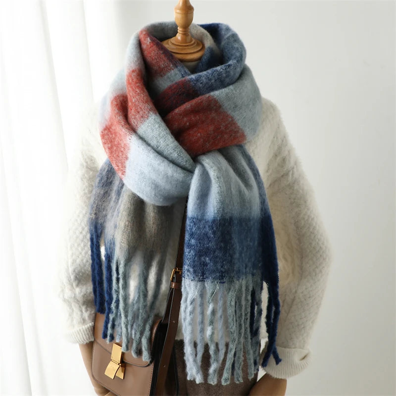 Thick Warm Scarf Women Winter Neck Shawls Tassel Pashmina Scarves Lady Cashmere Bandana Plaid Rainbow Hairy Foulard