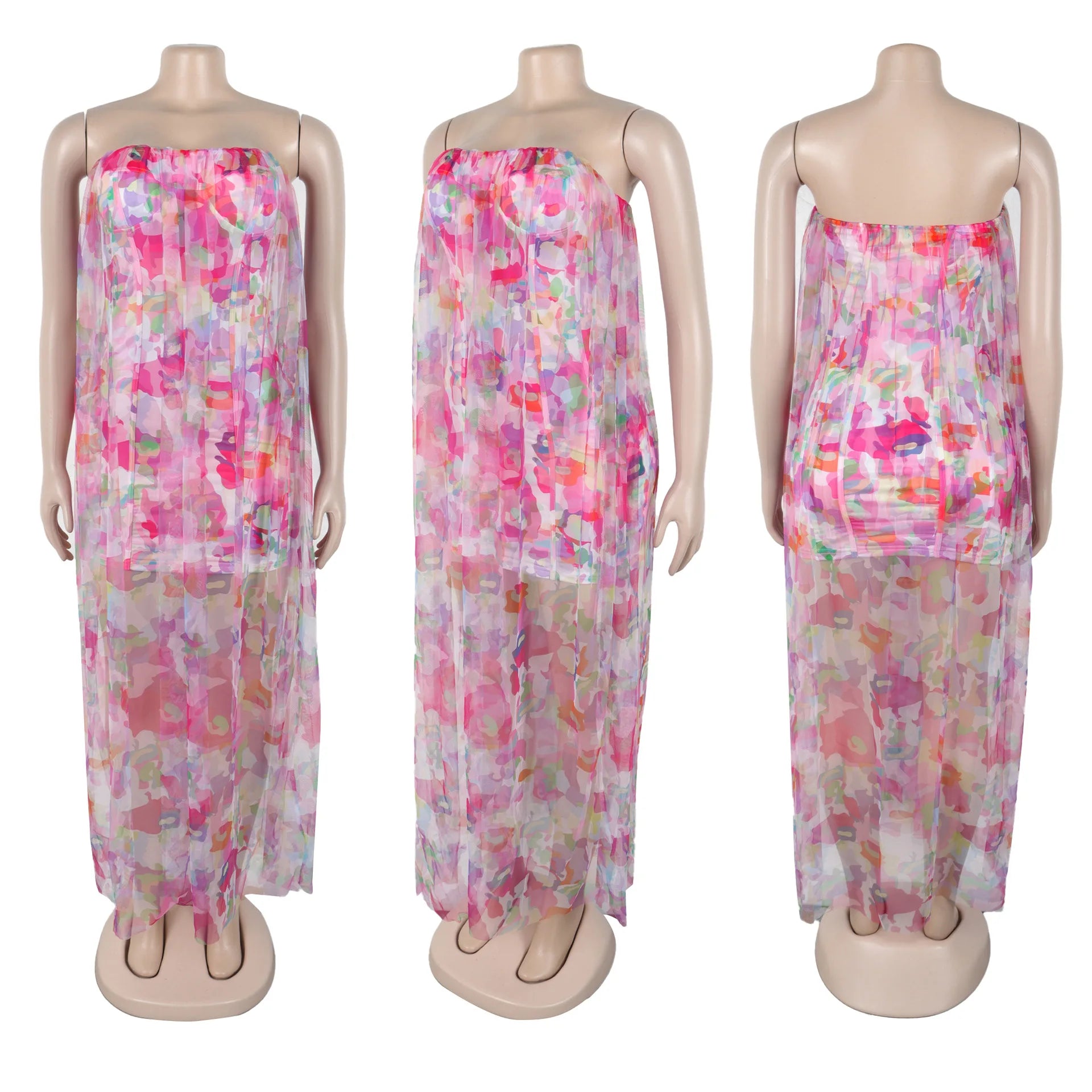 Women Sleeveless Tie Dye Print Strapless Mesh Bodycon Midi Long Maxi Dress 2025 Birthday Club Party Vestido Sexy Dresses