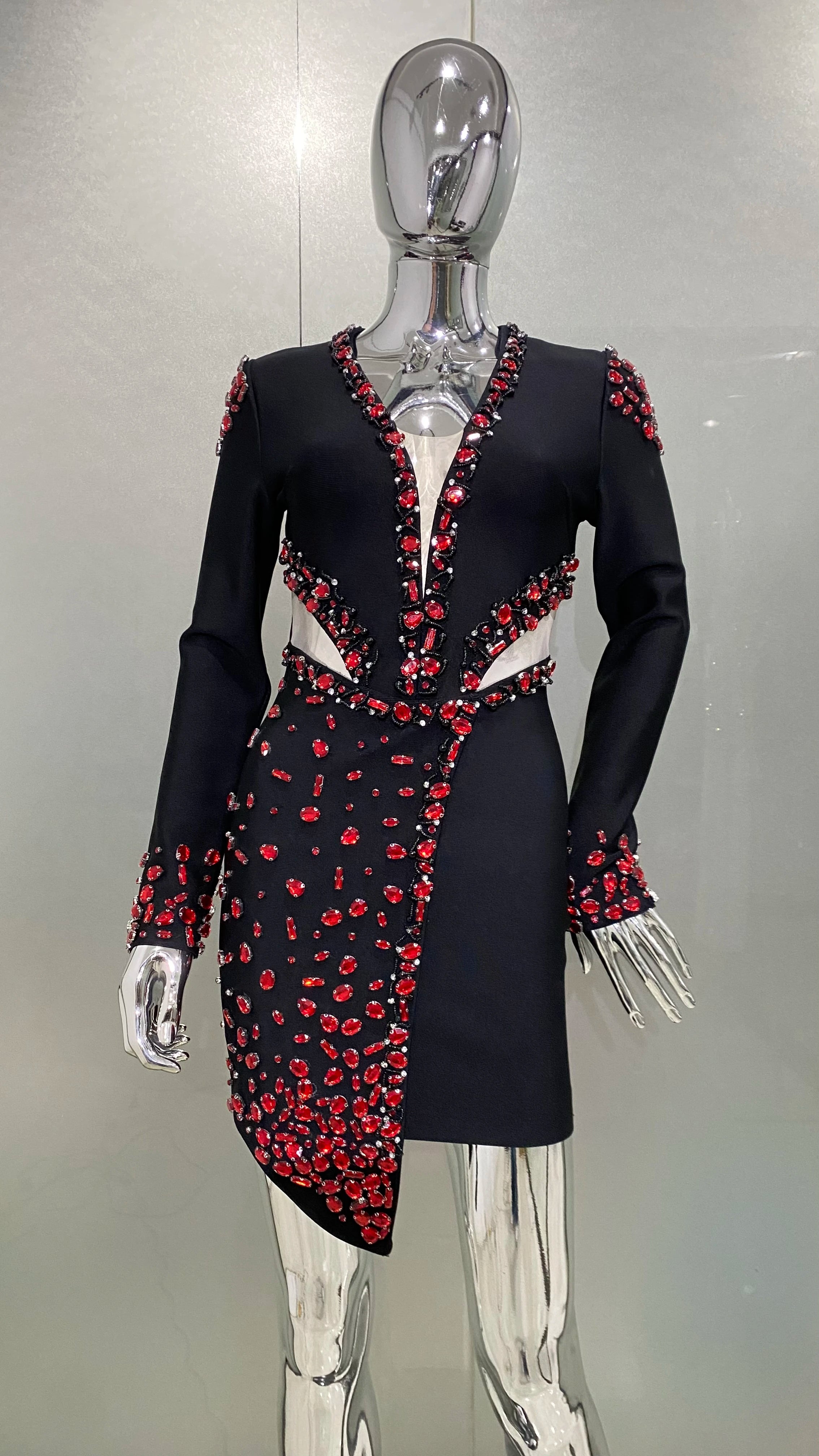 STOCK Red Diamonds Beading Sexy Hollow Out Black Mini Bandage Dress Luxury Woman Evening Party Dress Birthday Party Outfit