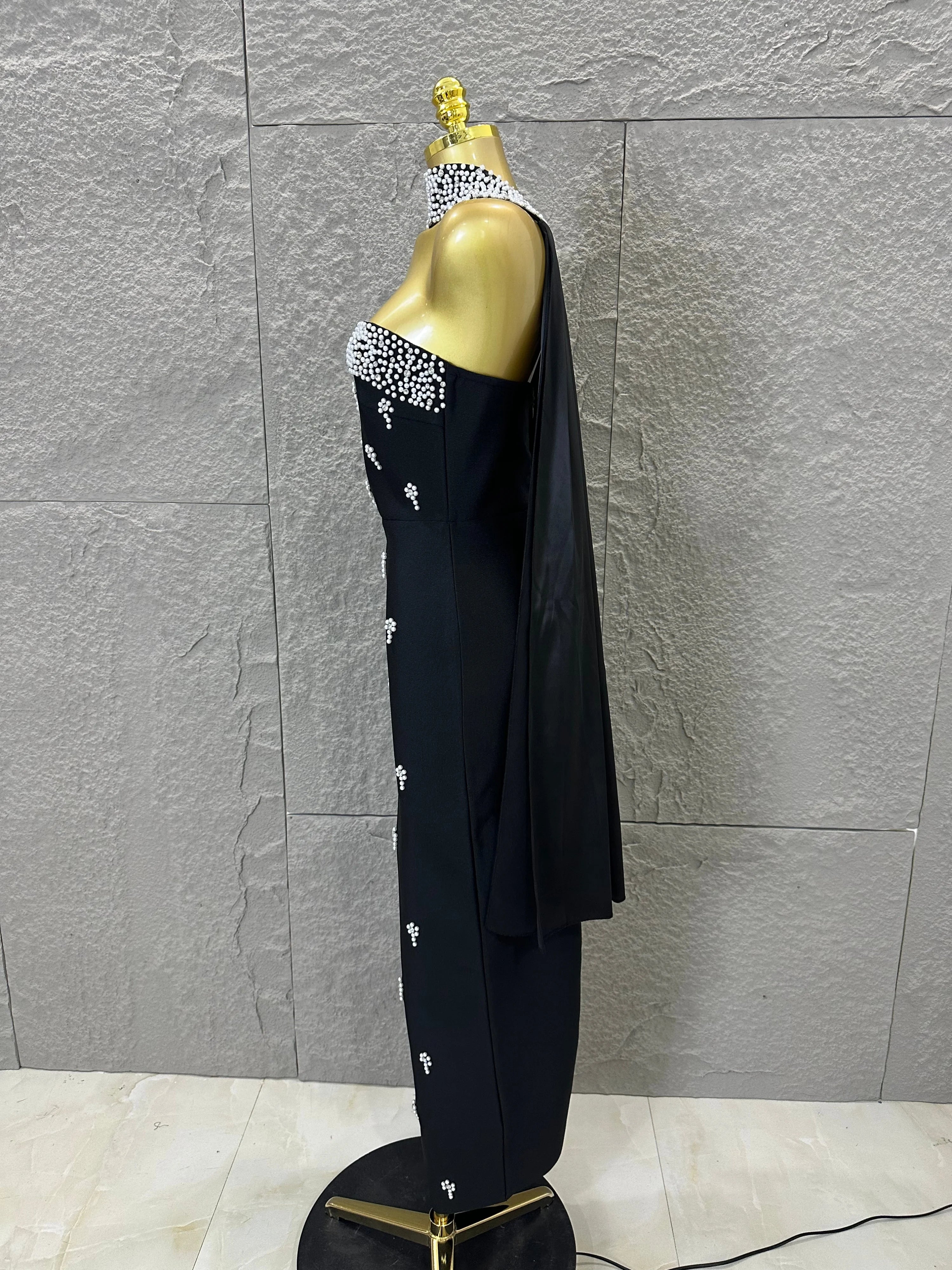 Sexy Black Pearl Studded Maxi Dress Halter Cape Bandage Bodycon Stage Birthday Party Nightclub Celebrate Photo Shoot Out