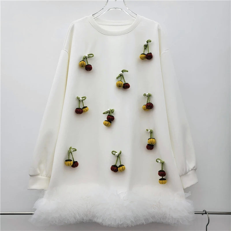 Autumn New Versatile Elegant Three-Dimensional Decorative Patchwork Puffy Mesh Long Sleeve Hoodie For Women 11A07702 White One Size