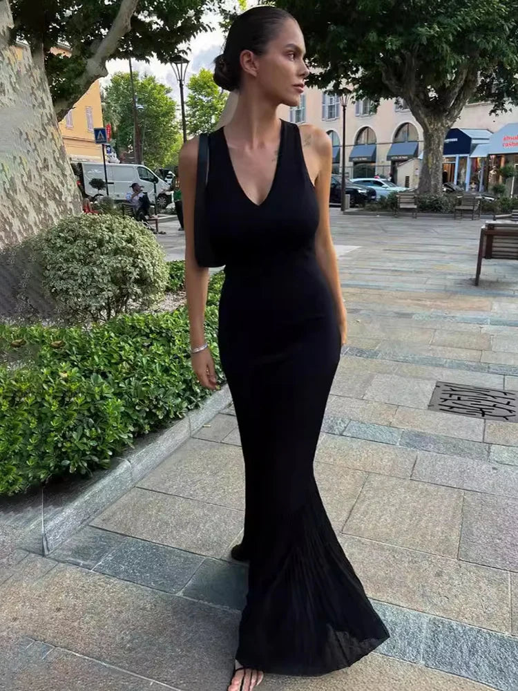 Tossy Knitted V-neck Elegant Long Dress Sexy Sleeveless Slim Stitching Folds Beach Vacation Female White Dress Knitwear Outfits Black