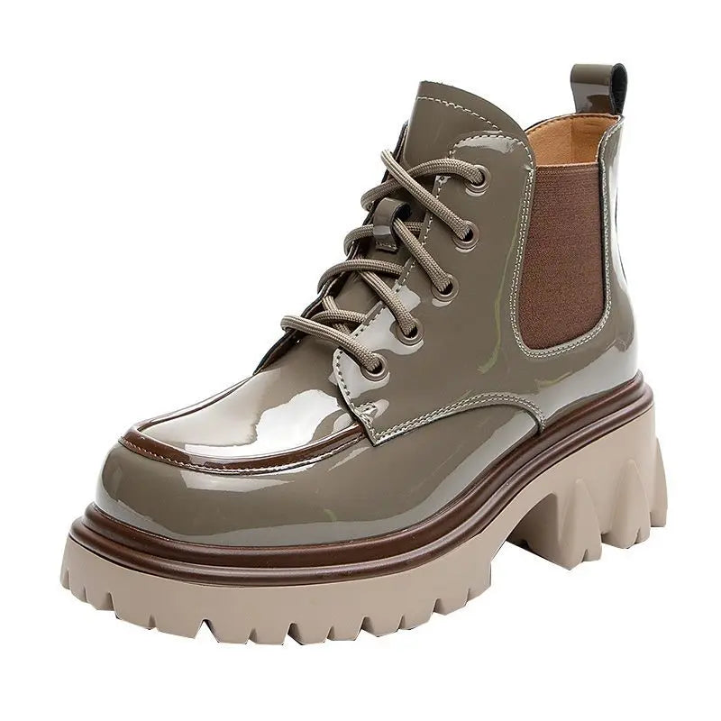 Punk Style Combat Platform Female Ankle Boots Chunky Elastic with Laces Lace-up Booties Footwear Short Shoes for Women New Grey (Heel 6.5cm)