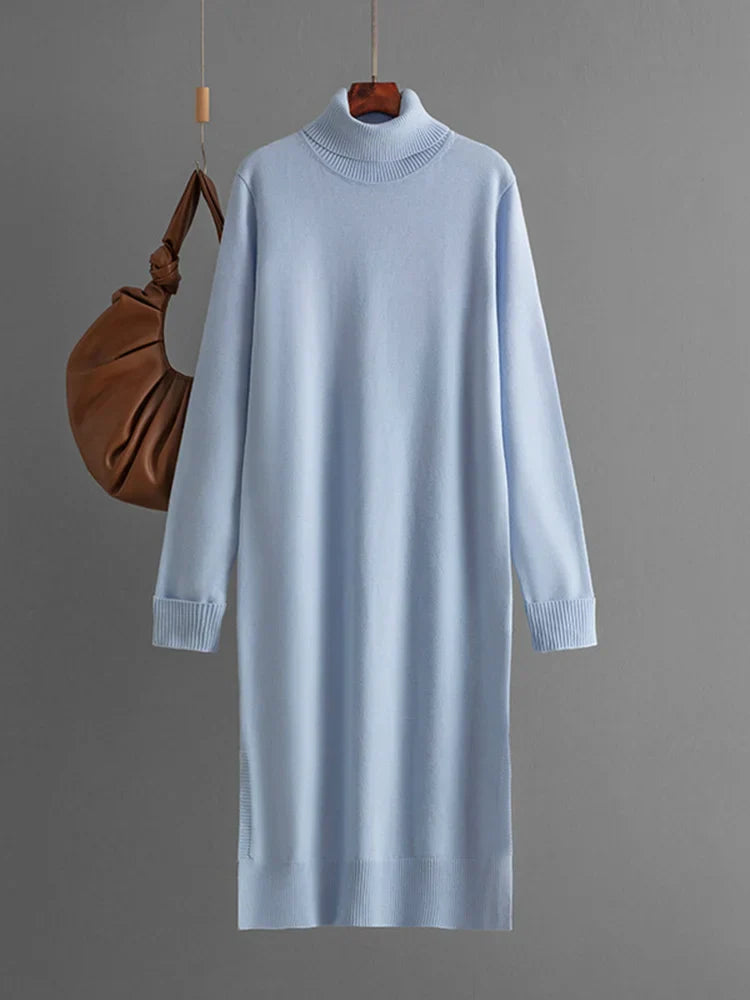 Streamgirl Autumn Turtleneck Slit Dresses For Women Winter Solid Casual Straight Basic Knitted Sweaters Dress Women Elegant Light Blue One Size