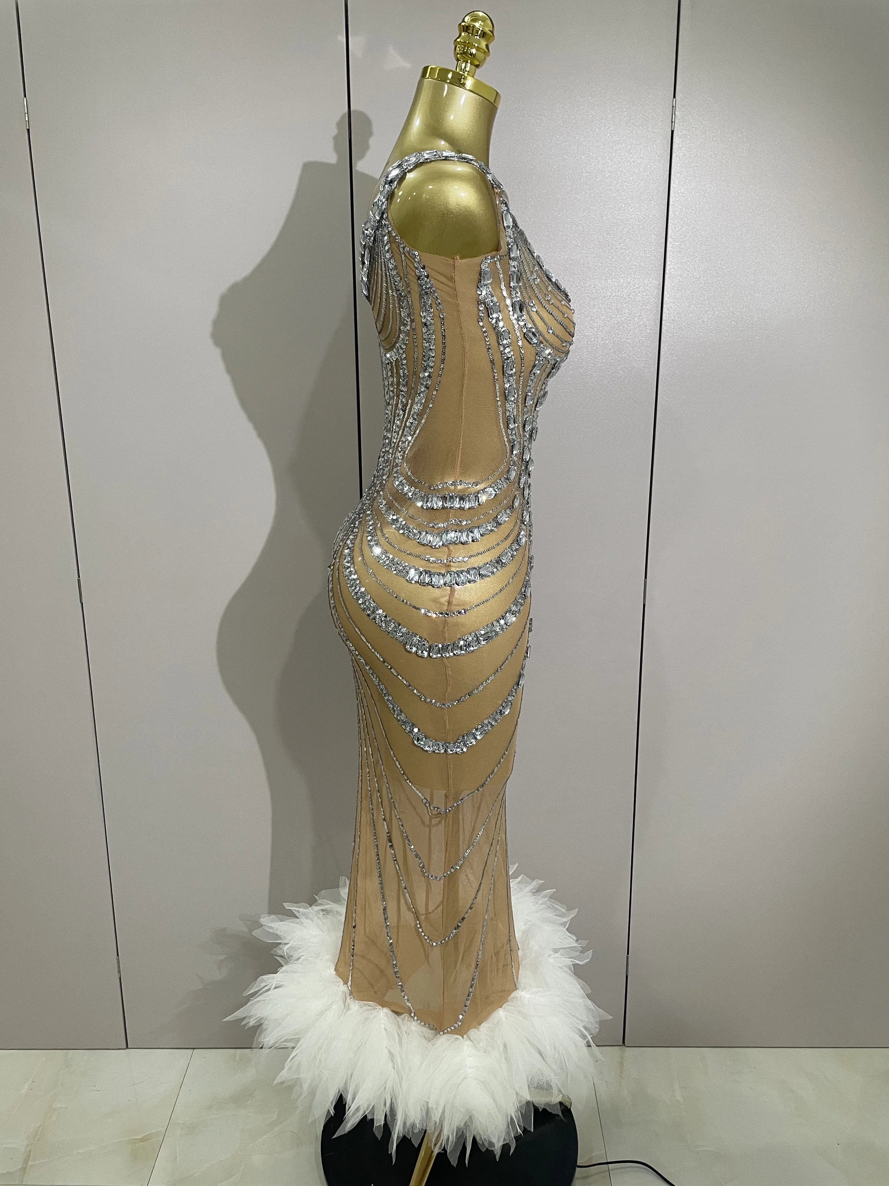 Luxury Sexy Silver Rhinestone Mesh See Through Long Dress 2025 New Women Birthday Party Prom Gown Singer Nightclub Stage Costume