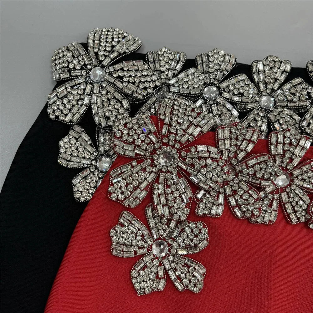 Women's Heavy Industry Nail Bead Flower Short Skirt Set High Collar Long Sleeve Tight Ultra Short Top+Mini Skirt Two Piece Set