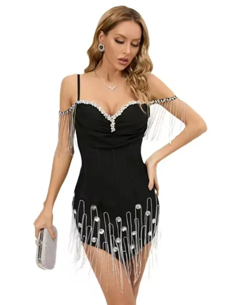 Women Celebrity Sexy Off Shoulder Diamonds Crystal Sparkly Black Bodycon Bandage Dress 2024 Elegant Evening Club Party Dress black