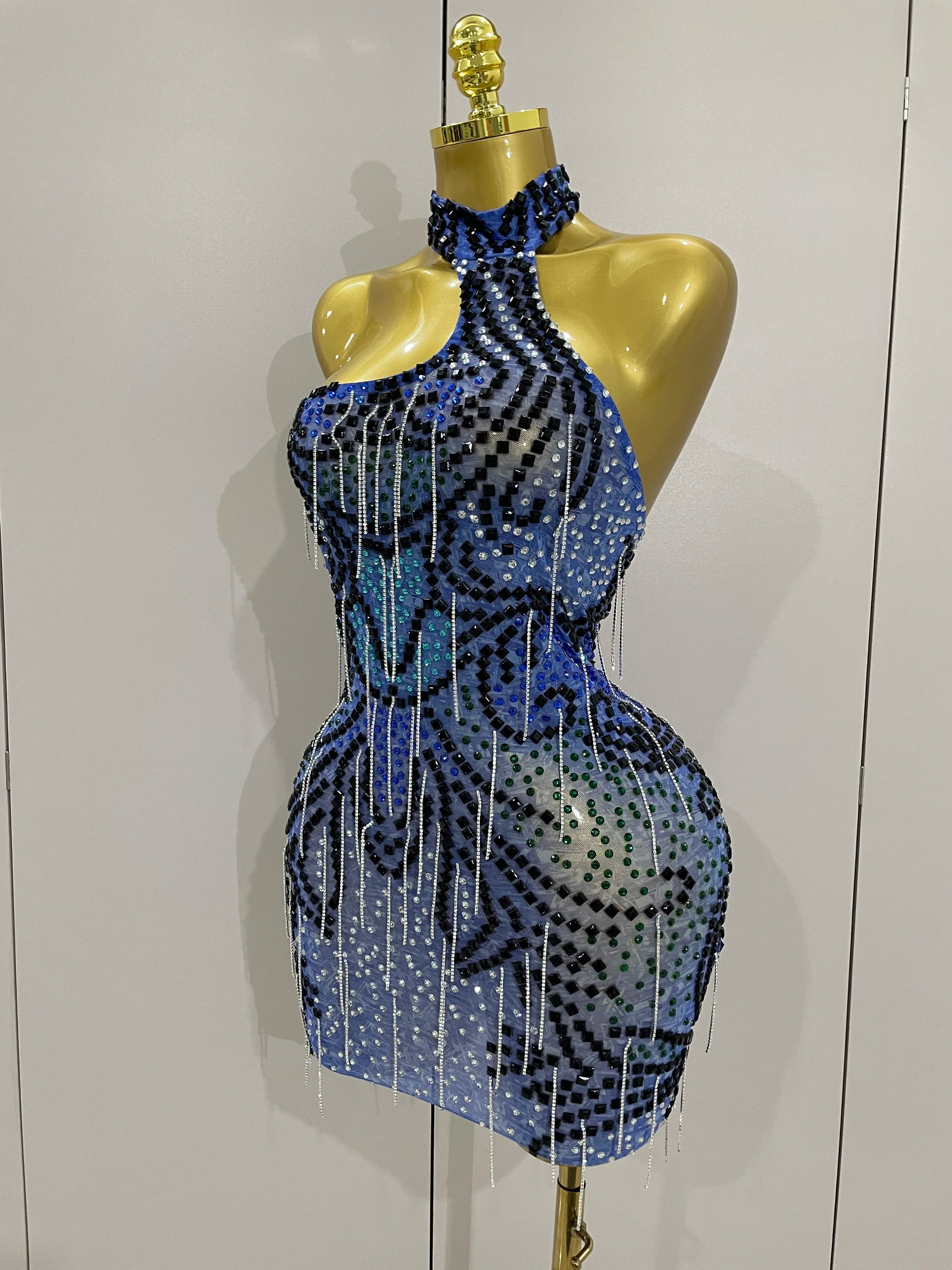 Sexy Sparkly Rhinestones Chains Blue Mesh Short Dress 2025 New Women Party Celebrate Birthday Dresses Photo Shoot Stage Wear