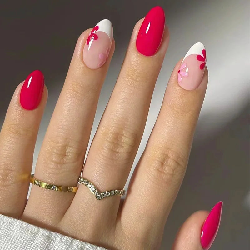 24Pcs Gradient Pink Nails Set Press on Cute French Press on False Nails Flower Design Wearable Almond Full Cover Fake Nail Tips 1633