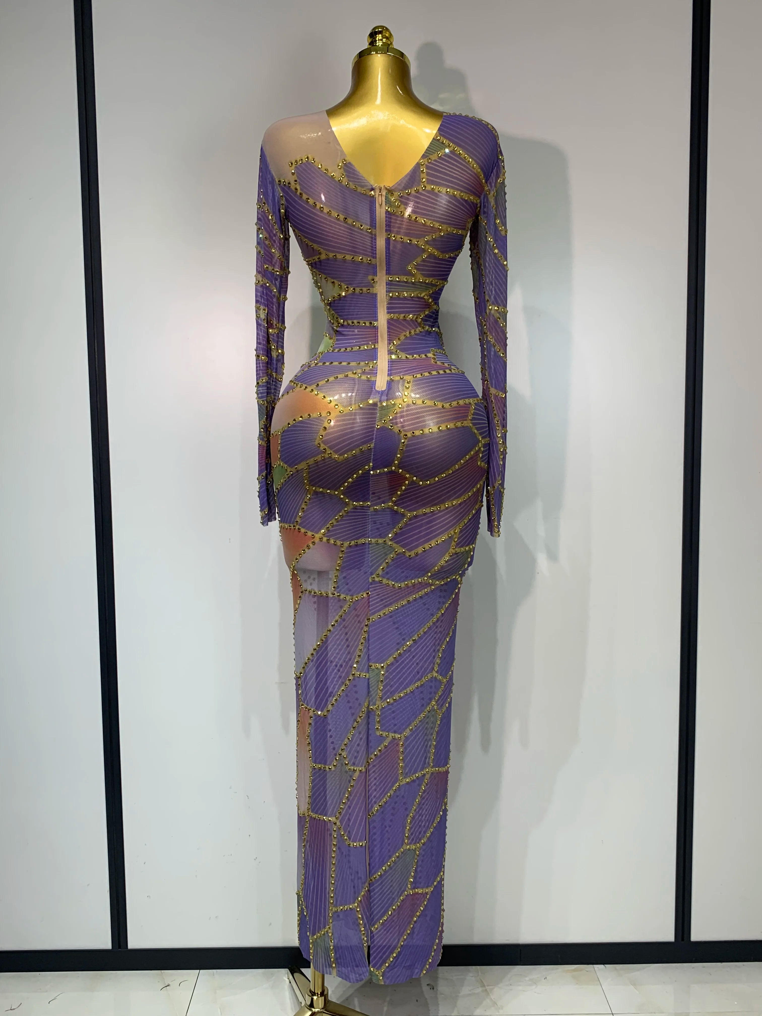 Sparkly Rhinestone Stretchy Mesh See Through Dress Women 2025 Performance Dancer Costume Luxury Birthday Nightclub Stage Outfit