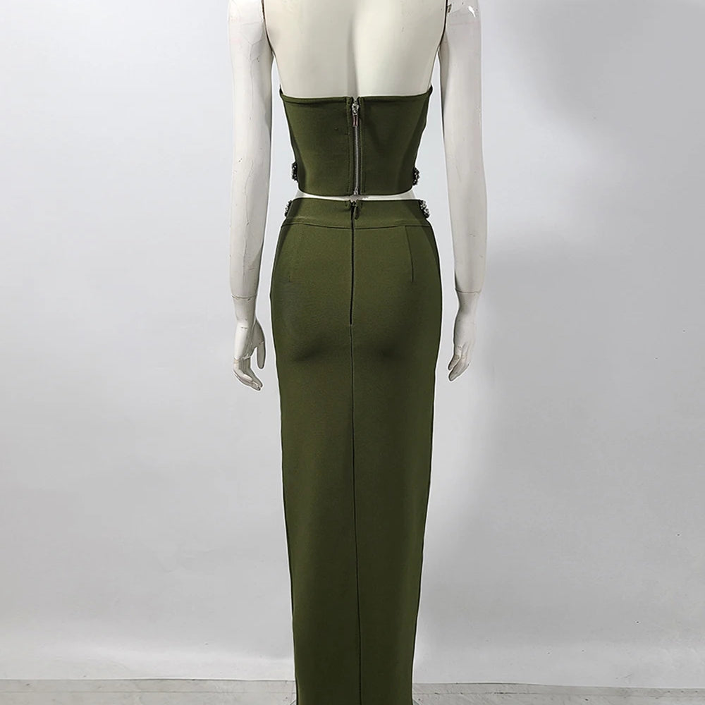 2025 Black Army Green Bandage Two Pieces Sets Sexy Diamond Bead Halter Top Long Skirt Women Bodycon Clothing Elegant Party Sets