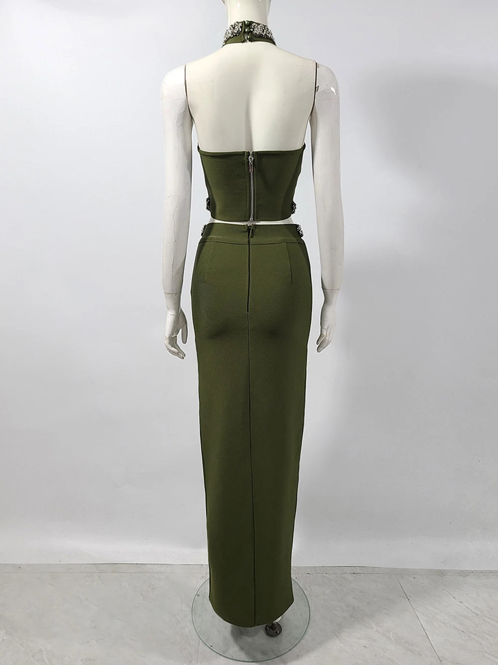 2025 Black Army Green Bandage Two Pieces Sets Sexy Diamond Bead Halter Top Long Skirt Women Bodycon Clothing Elegant Party Sets