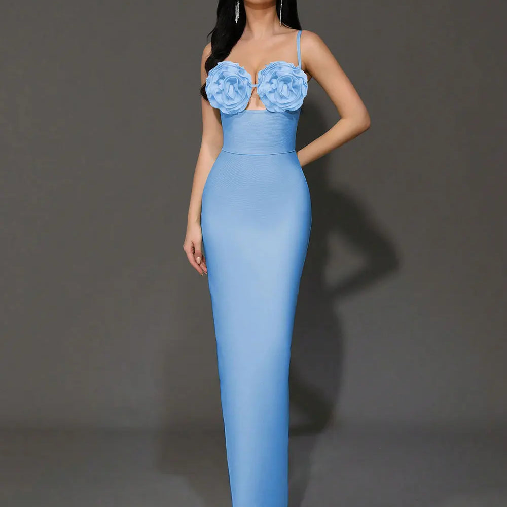 2024 Sexy Women'S Light Luxury Flower Design Bandage Dress Spaghetti Strap Sleeveless Bodycon Backless Long Dresses Vestidos