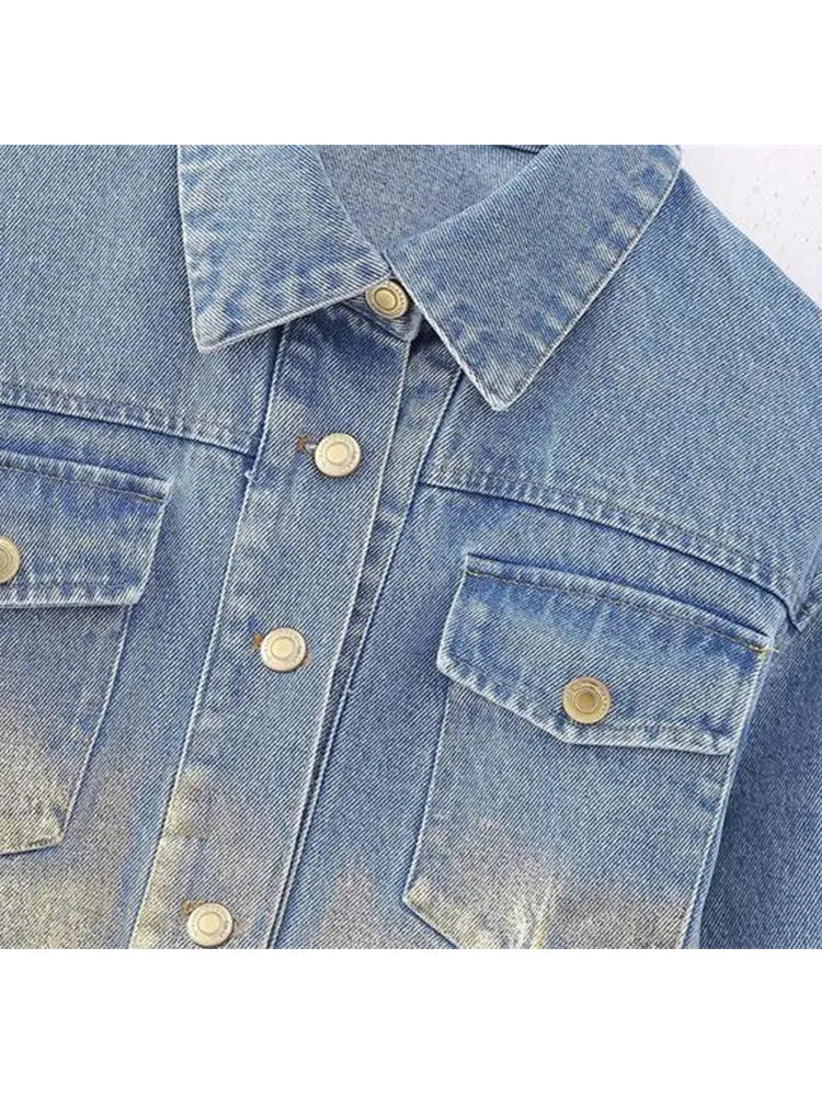 TRAF Women Autumn Winter Denim Suit 2024 Female Lapel Coat Jacket+A-Line Mid-Length Skirt Elegant Two-Piece Set