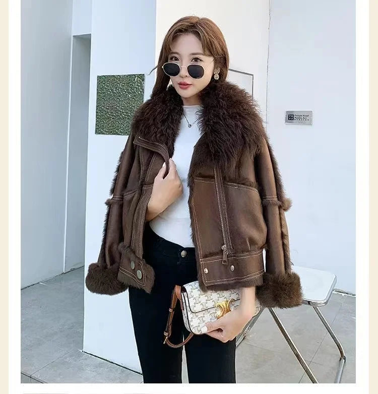 2023 Winter Short Women's Natural Rabbit Hair Lined Sheepskin Collar Coat Fashion Luxury Warm Leather Coat Chocolate Color