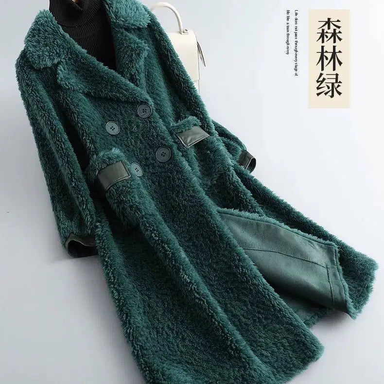 High Street Wool Fur Jacket Women Clothes Warm Fur Coat Women Winter Fashion Mid Length Sheep Shearling Fur Jackets for Women Zm green