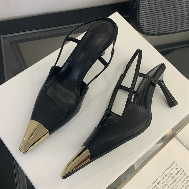 Eilyken Street Style Pointed Toe Women Pumps Fashion Slingbacks Thin High Heels Elegant Stripper Prom Ladies Sandals Shoes PU Black 7CM