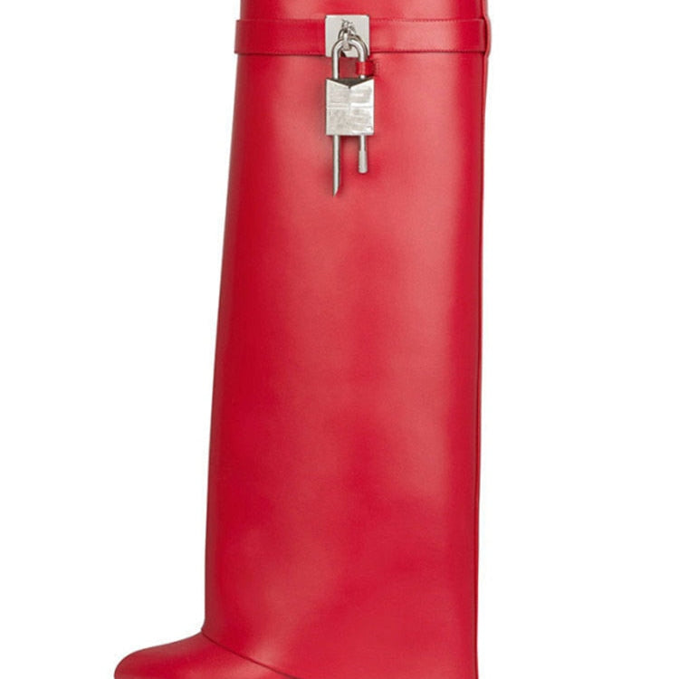 Women's Knee High Boots Shark Lock Long Thick Soled High-heeled Boots Designer Luxury Brand Women's Leather Boots red pu