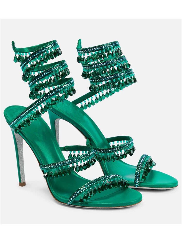 Women's New Rhinestone Sandals Fashion Tassel Crystal Shoes Sexy Nightclub Banquet Party Twining Stiletto Women's Sandals green