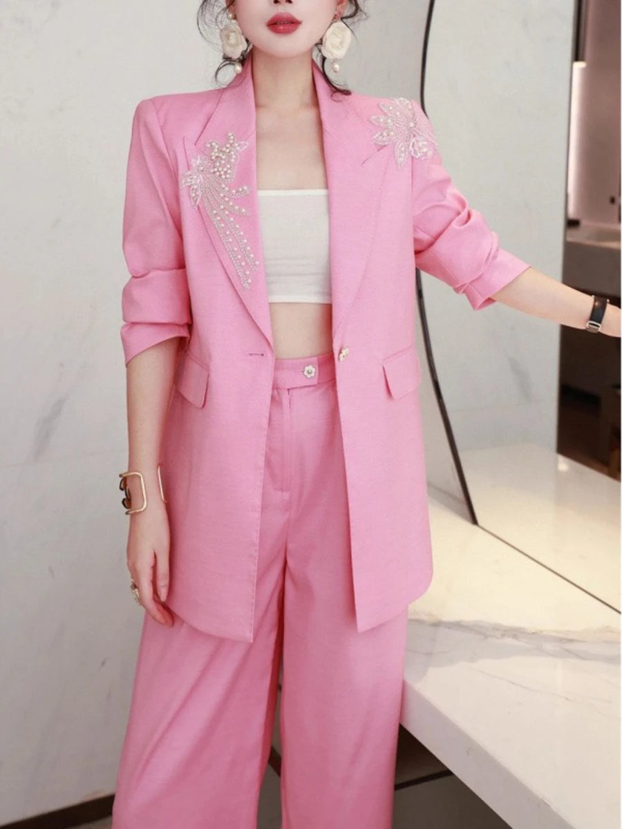 Solid Spliced Appliques Two Piece Sets for Women Lapel Long Sleeves Patchwork Button Top High Waist Pant Set Female